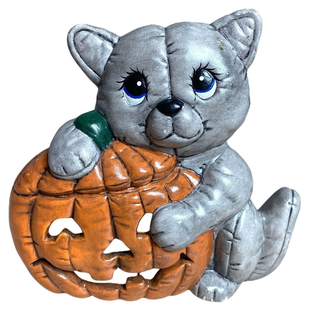 VTG Ceramic Cat with Jack O Lantern Pumpkin Halloween Figurine 9” Handpainted